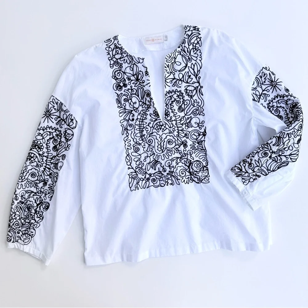 Tory Burch Embroidered White Cotton Poplin Top with Black Embroidery Size 6